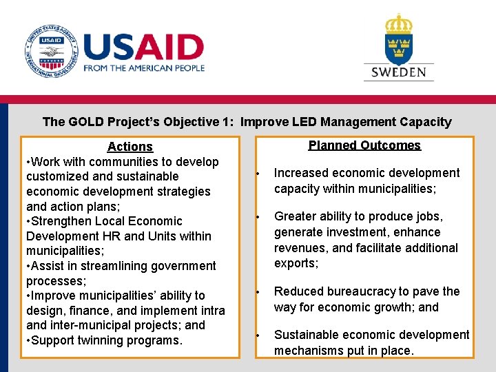 The GOLD Project’s Objective 1: Improve LED Management Capacity Actions • Work with communities