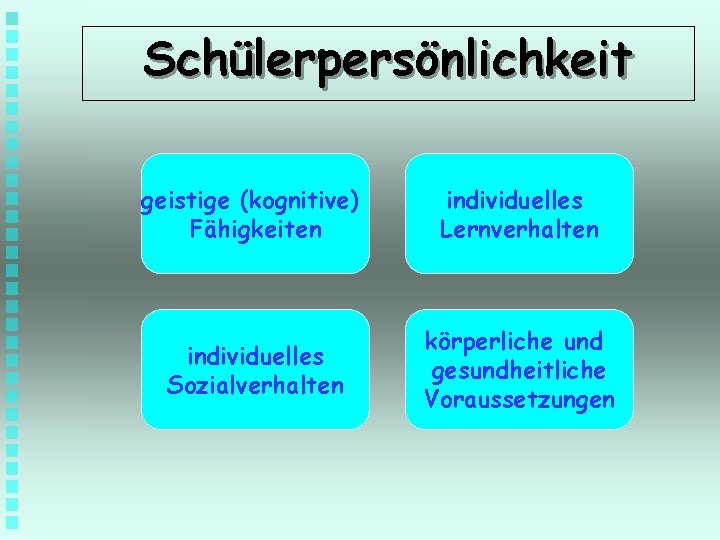 Schülerpersönlichkeit geistige (kognitive) Fähigkeiten individuelles Lernverhalten individuelles Sozialverhalten körperliche und gesundheitliche Voraussetzungen 