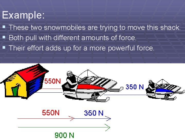 Example: § § § These two snowmobiles are trying to move this shack. Both