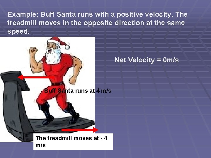 Example: Buff Santa runs with a positive velocity. The treadmill moves in the opposite