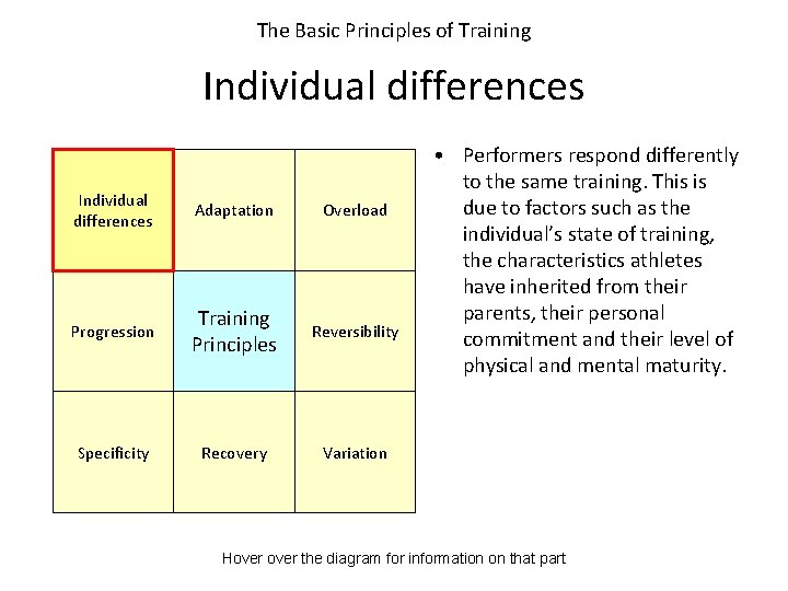 The Basic Principles of Training Individual differences Adaptation Overload Progression Training Principles Reversibility Specificity The Basic Principles of Training Individual differences Adaptation Overload Progression Training Principles Reversibility Specificity