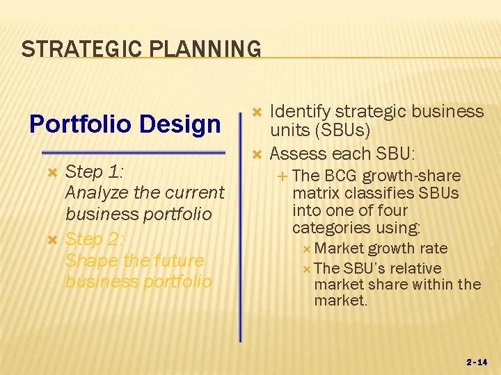 STRATEGIC PLANNING Portfolio Design Step 1: Analyze the current business portfolio Step 2: Shape