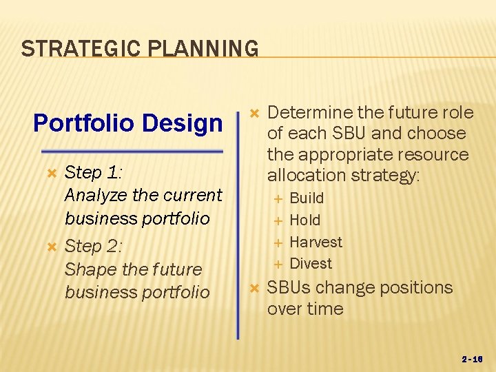 STRATEGIC PLANNING Portfolio Design Step 1: Analyze the current business portfolio Step 2: Shape