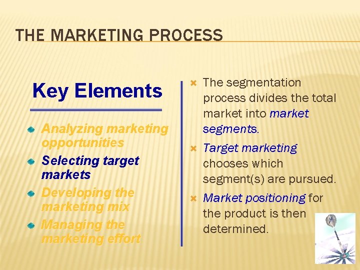 THE MARKETING PROCESS Key Elements Analyzing marketing opportunities Selecting target markets Developing the marketing