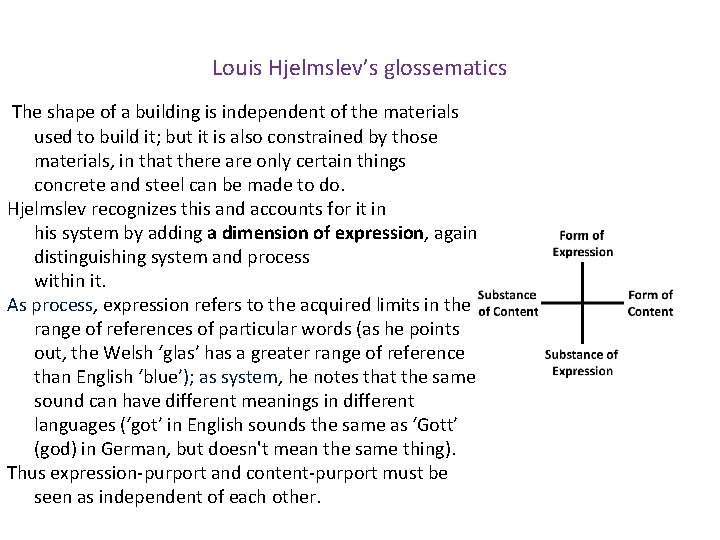 Louis Hjelmslev’s glossematics The shape of a building is independent of the materials used