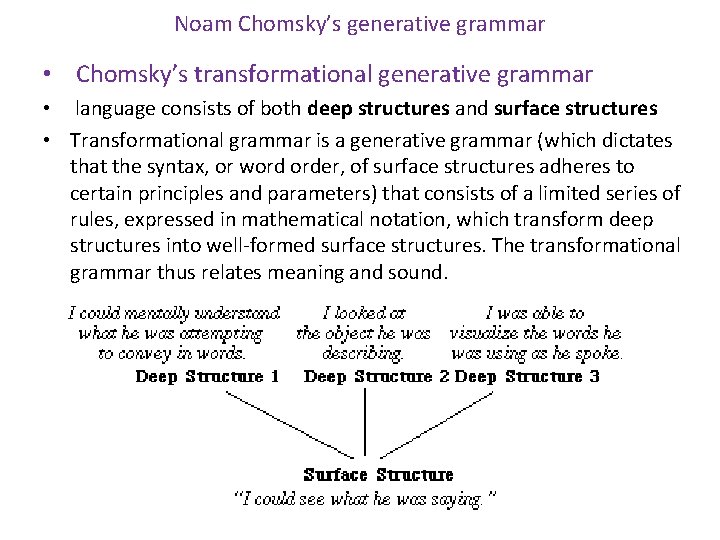 Noam Chomsky’s generative grammar • Chomsky’s transformational generative grammar • language consists of both