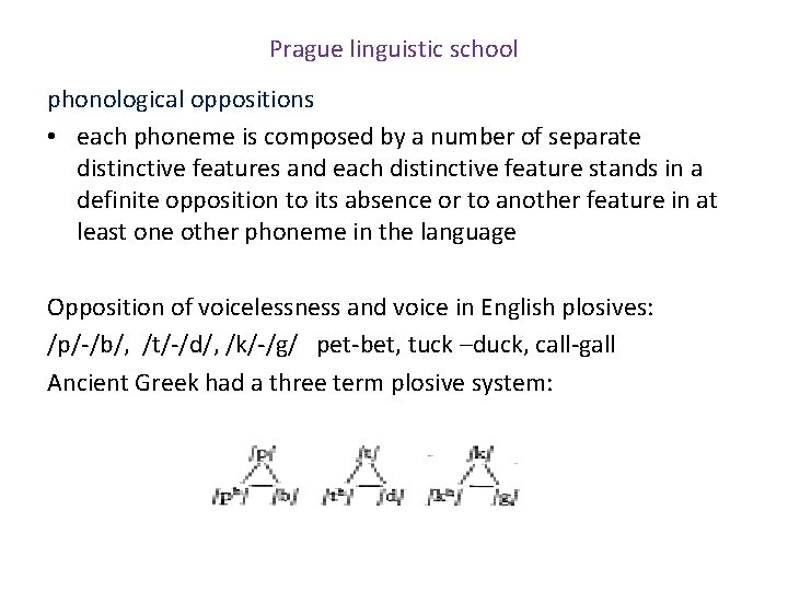 Prague linguistic school phonological oppositions • each phoneme is composed by a number of