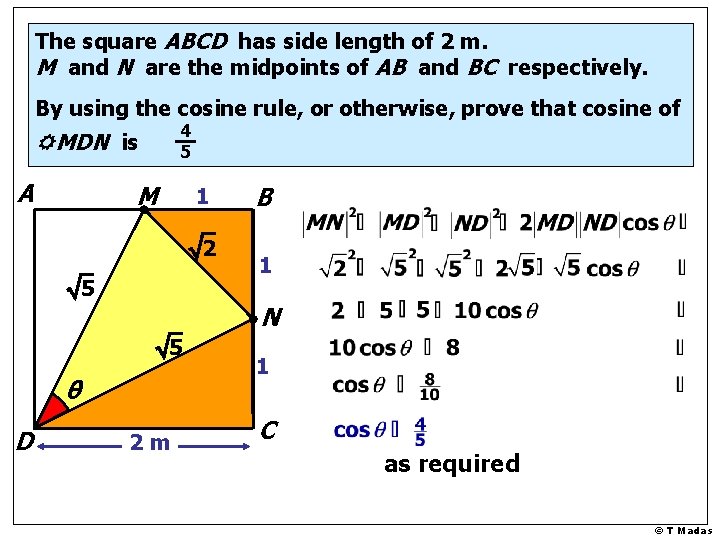 The square ABCD has side length of 2 m. M and N are the