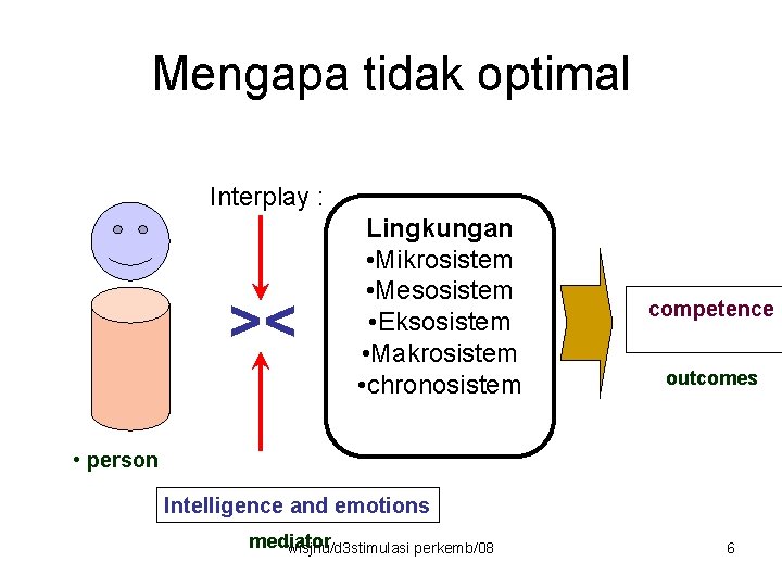 Mengapa tidak optimal Interplay : >< Lingkungan • Mikrosistem • Mesosistem • Eksosistem •