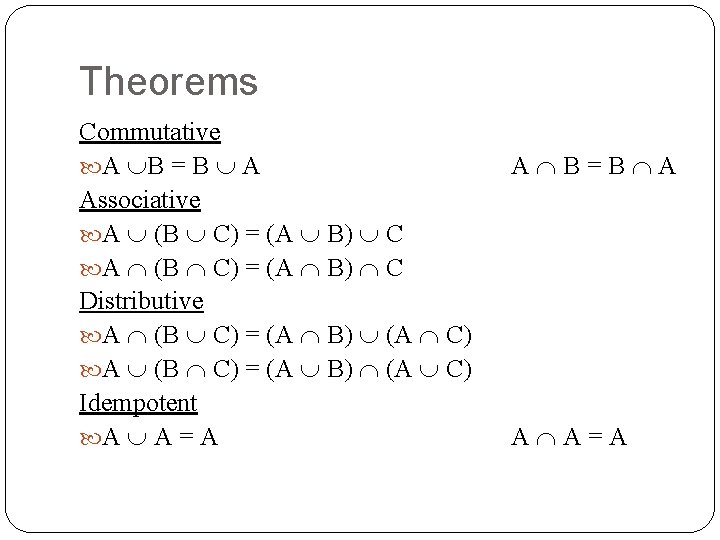 Theorems Commutative A B = B A Associative A (B C) = (A B)