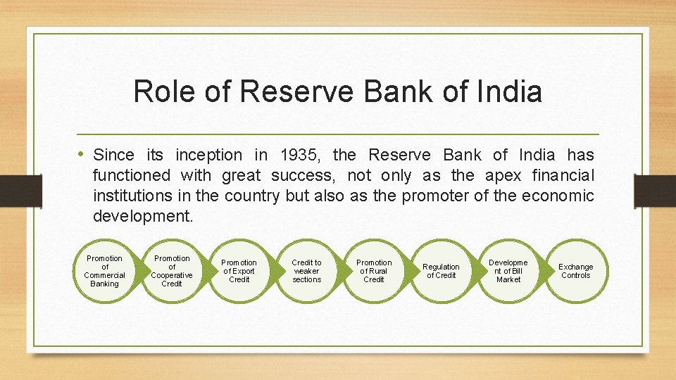 Role of Reserve Bank of India • Since its inception in 1935, the Reserve