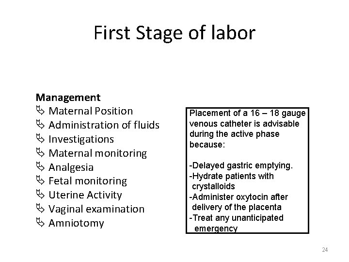 First Stage of labor Management Ä Maternal Position Ä Administration of fluids Ä Investigations