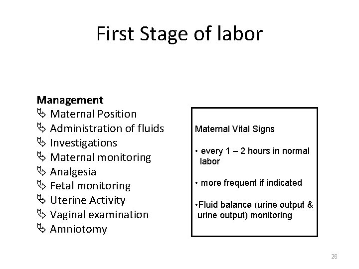 First Stage of labor Management Ä Maternal Position Ä Administration of fluids Ä Investigations