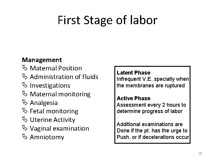 First Stage of labor Management Ä Maternal Position Ä Administration of fluids Ä Investigations