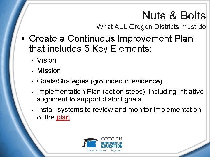 Nuts & Bolts What ALL Oregon Districts must do • Create a Continuous Improvement