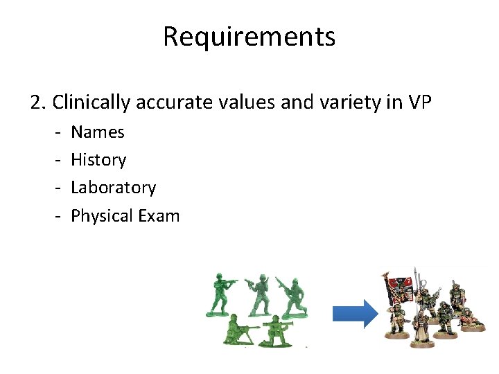 Requirements 2. Clinically accurate values and variety in VP - Names History Laboratory Physical