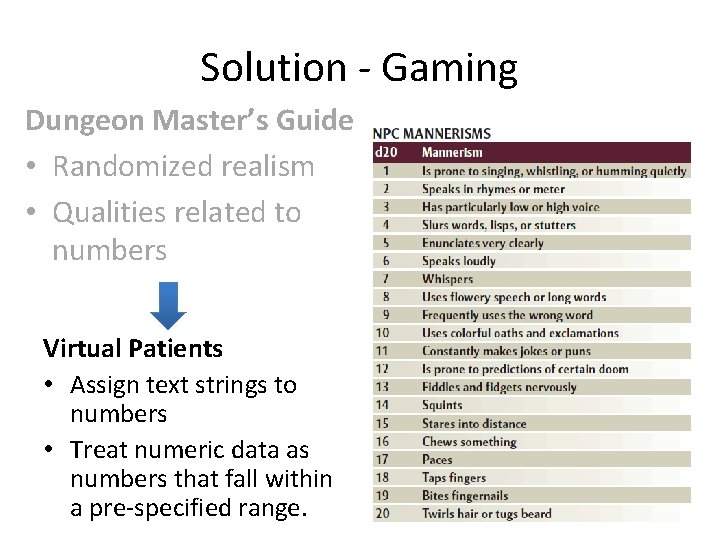 Solution - Gaming Dungeon Master’s Guide • Randomized realism • Qualities related to numbers