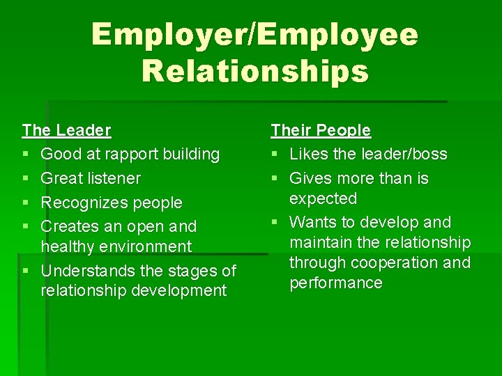 Employer/Employee Relationships The Leader § Good at rapport building § Great listener § Recognizes