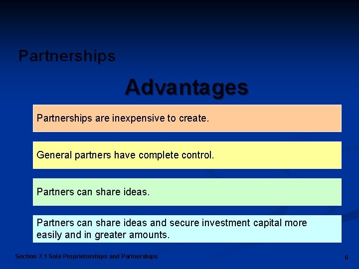 Partnerships Advantages Partnerships are inexpensive to create. General partners have complete control. Partners can