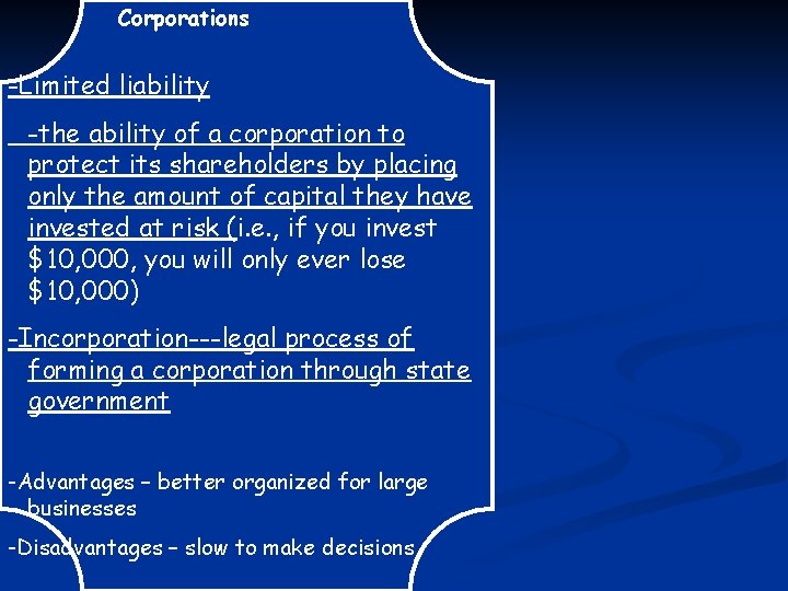 Corporations -Limited liability -the ability of a corporation to protect its shareholders by placing