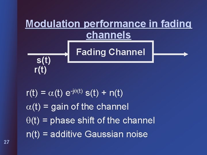 Modulation performance in fading channels s(t) r(t) Fading Channel r(t) = (t) e-j (t)