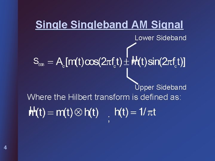 Singleband AM Signal Lower Sideband Upper Sideband Where the Hilbert transform is defined as: