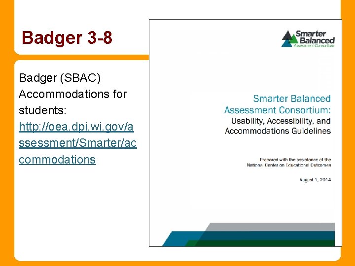 Badger 3 -8 Badger (SBAC) Accommodations for students: http: //oea. dpi. wi. gov/a ssessment/Smarter/ac