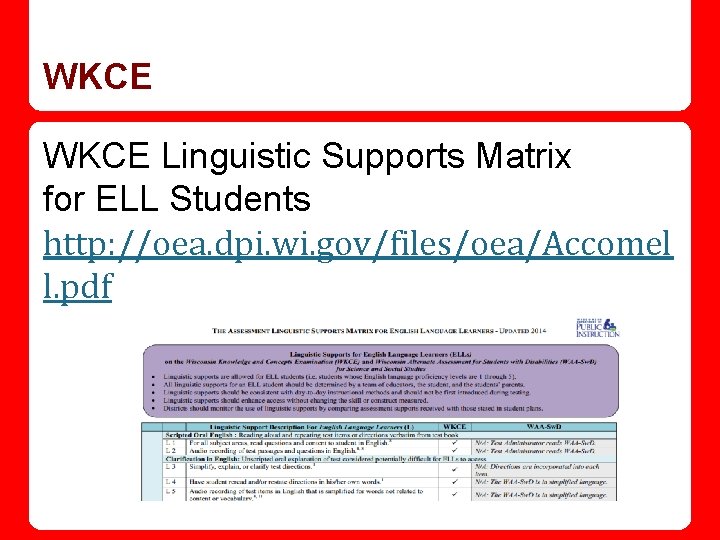WKCE Linguistic Supports Matrix for ELL Students http: //oea. dpi. wi. gov/files/oea/Accomel l. pdf