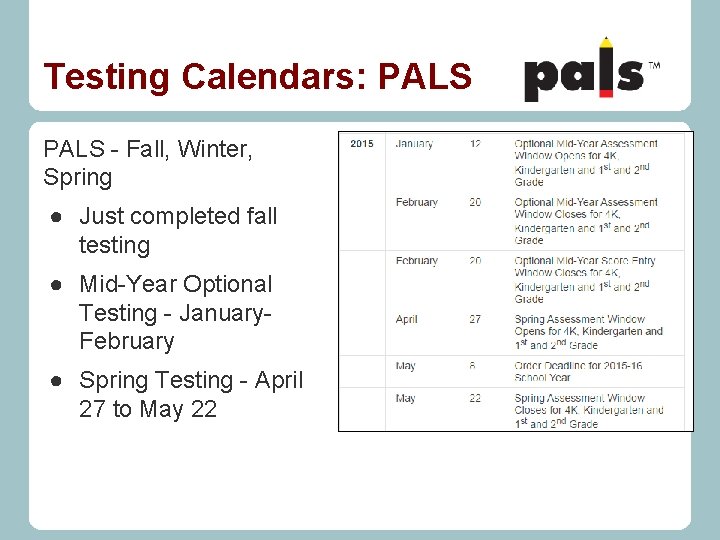 Testing Calendars: PALS - Fall, Winter, Spring ● Just completed fall testing ● Mid-Year