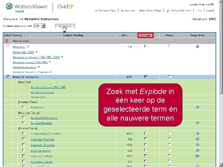 Zoek met Explode in één keer op de geselecteerde term én alle nauwere termen