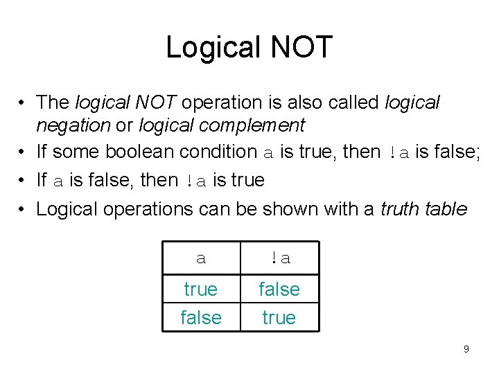 Logical NOT • The logical NOT operation is also called logical negation or logical
