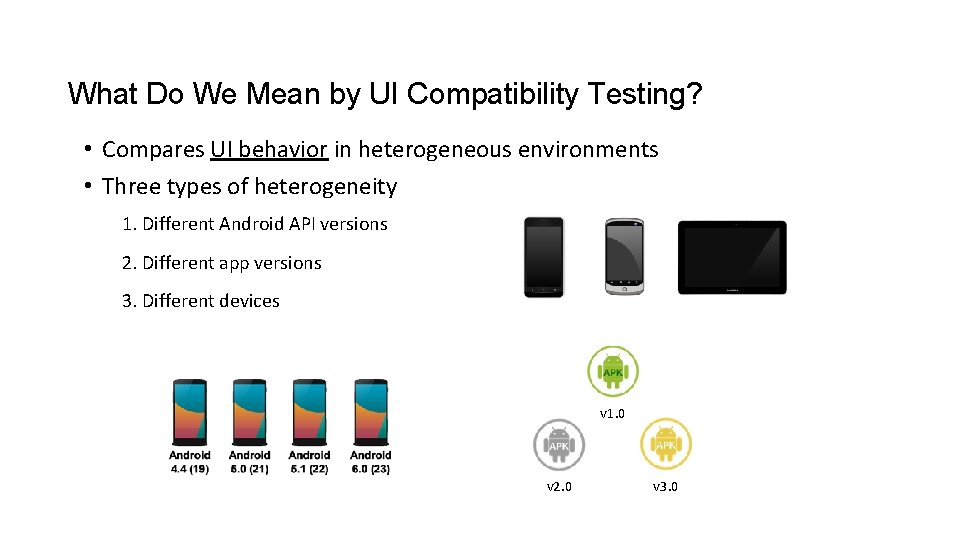 What Do We Mean by UI Compatibility Testing? • Compares UI behavior in heterogeneous