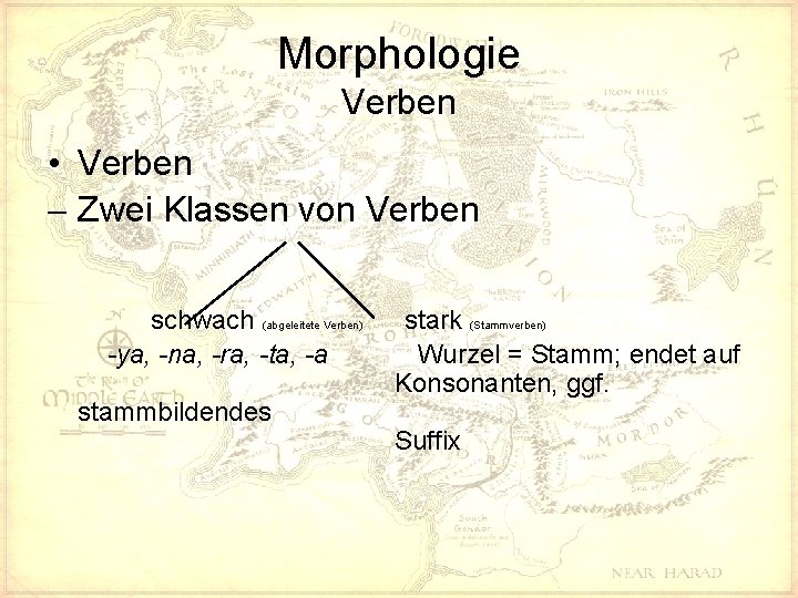 Morphologie Verben • Verben - Zwei Klassen von Verben schwach (abgeleitete Verben) -ya, -na,