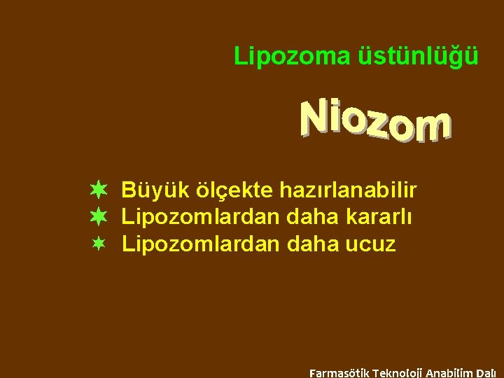 Lipozoma üstünlüğü Büyük ölçekte hazırlanabilir Lipozomlardan daha kararlı ¬ Lipozomlardan daha ucuz Farmasötik Teknoloji