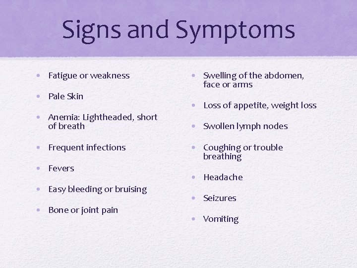 Signs and Symptoms • Fatigue or weakness • Pale Skin • Swelling of the