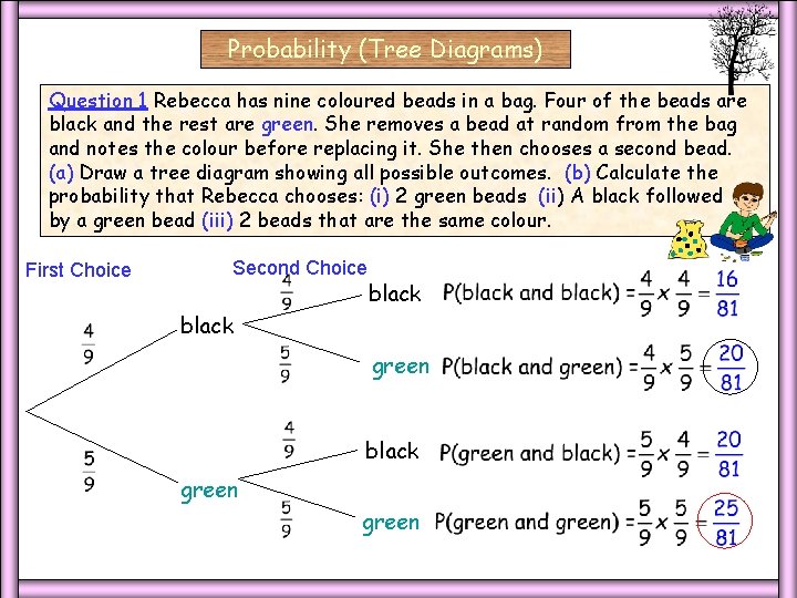 Probability (Tree Diagrams) Question 1 Rebecca has nine coloured beads in a bag. Four