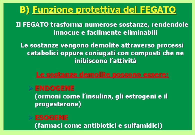 B) Funzione protettiva del FEGATO Il FEGATO trasforma numerose sostanze, rendendole innocue e facilmente