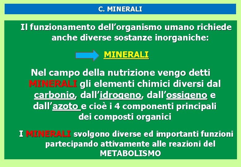 C. MINERALI Il funzionamento dell’organismo umano richiede anche diverse sostanze inorganiche: MINERALI Nel campo
