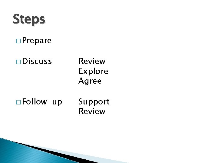 Steps � Prepare � Discuss Review Explore Agree � Follow-up Support Review 