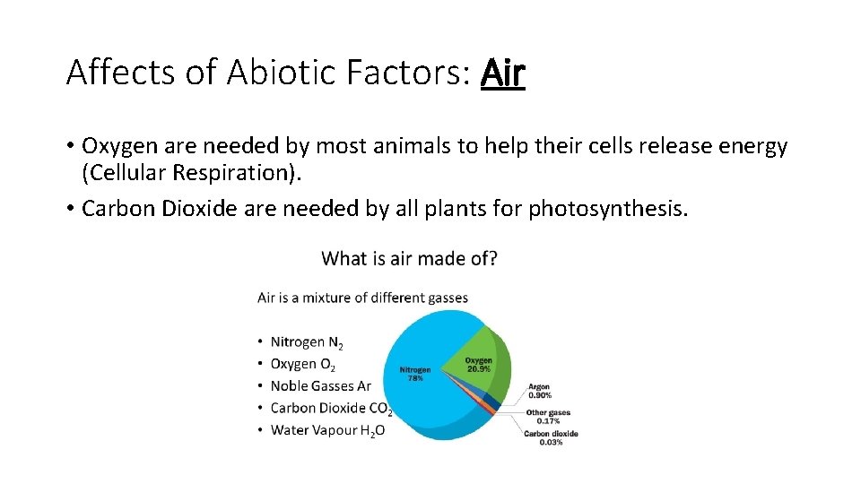 Affects of Abiotic Factors: Air • Oxygen are needed by most animals to help