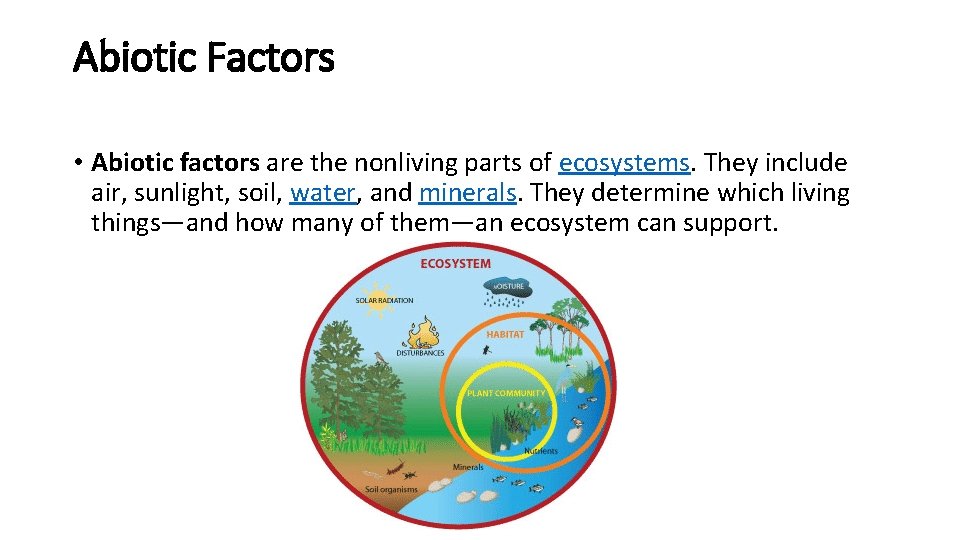 Abiotic Factors • Abiotic factors are the nonliving parts of ecosystems. They include air,