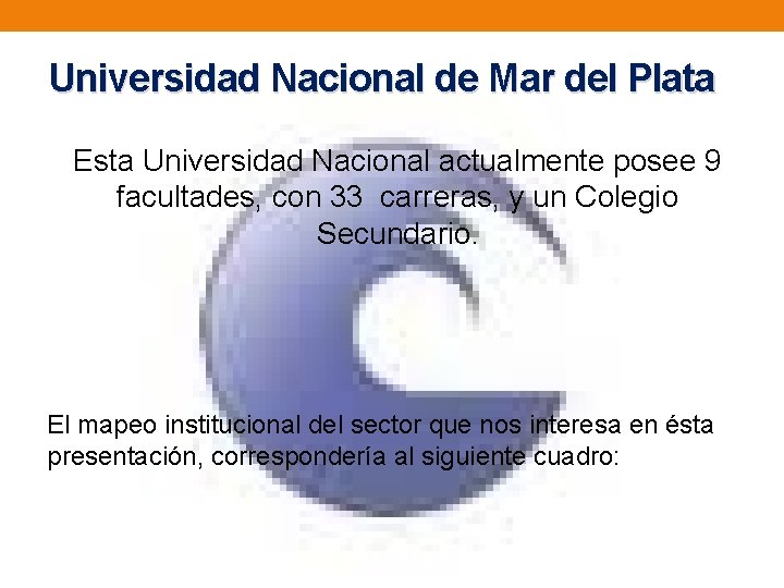 Universidad Nacional de Mar del Plata Esta Universidad Nacional actualmente posee 9 facultades, con