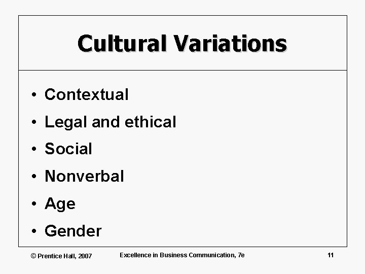 Cultural Variations • Contextual • Legal and ethical • Social • Nonverbal • Age