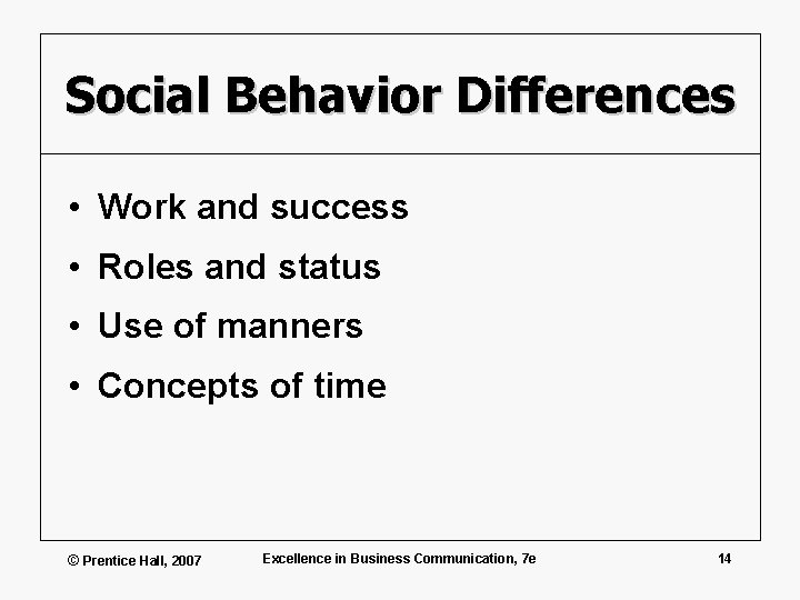 Social Behavior Differences • Work and success • Roles and status • Use of