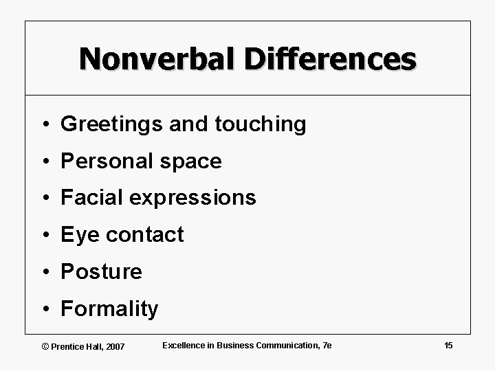 Nonverbal Differences • Greetings and touching • Personal space • Facial expressions • Eye