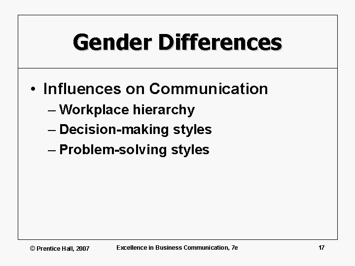 Gender Differences • Influences on Communication – Workplace hierarchy – Decision-making styles – Problem-solving
