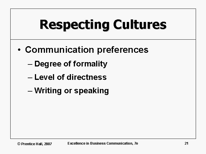 Respecting Cultures • Communication preferences – Degree of formality – Level of directness –