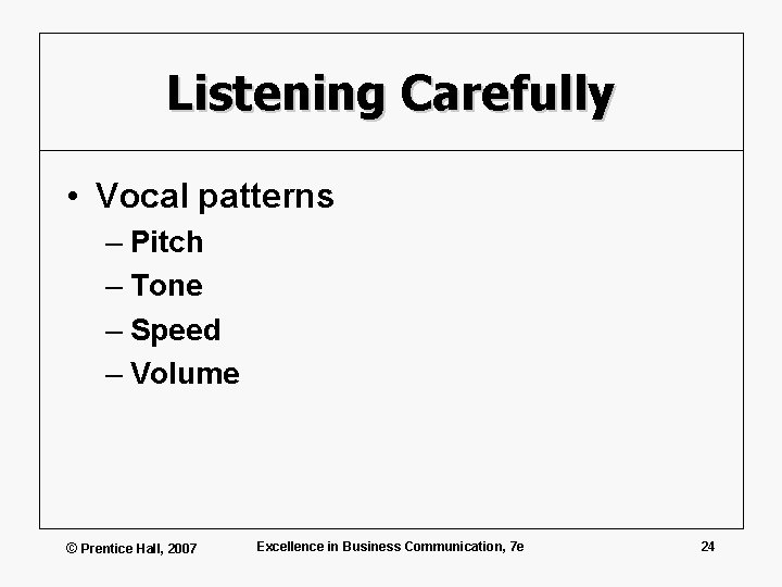 Listening Carefully • Vocal patterns – Pitch – Tone – Speed – Volume ©