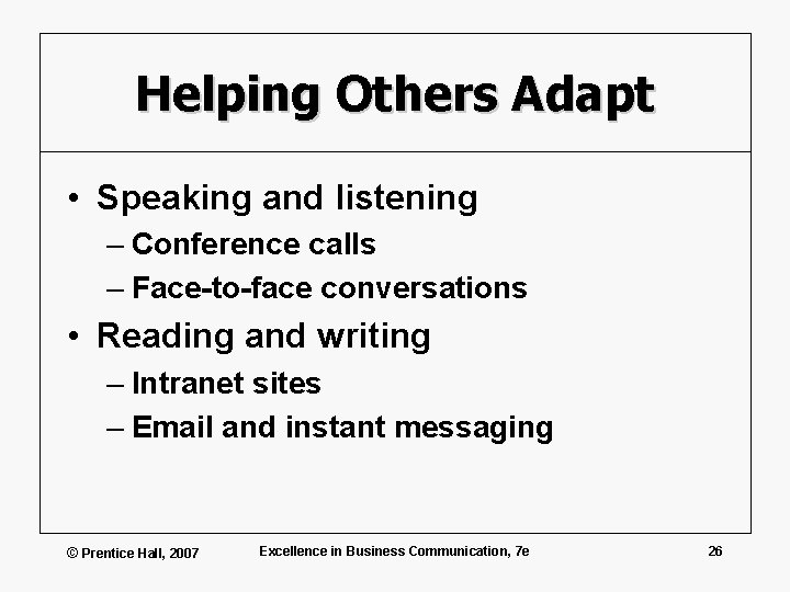 Helping Others Adapt • Speaking and listening – Conference calls – Face-to-face conversations •