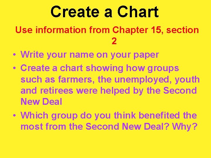 Create a Chart Use information from Chapter 15, section 2 • Write your name